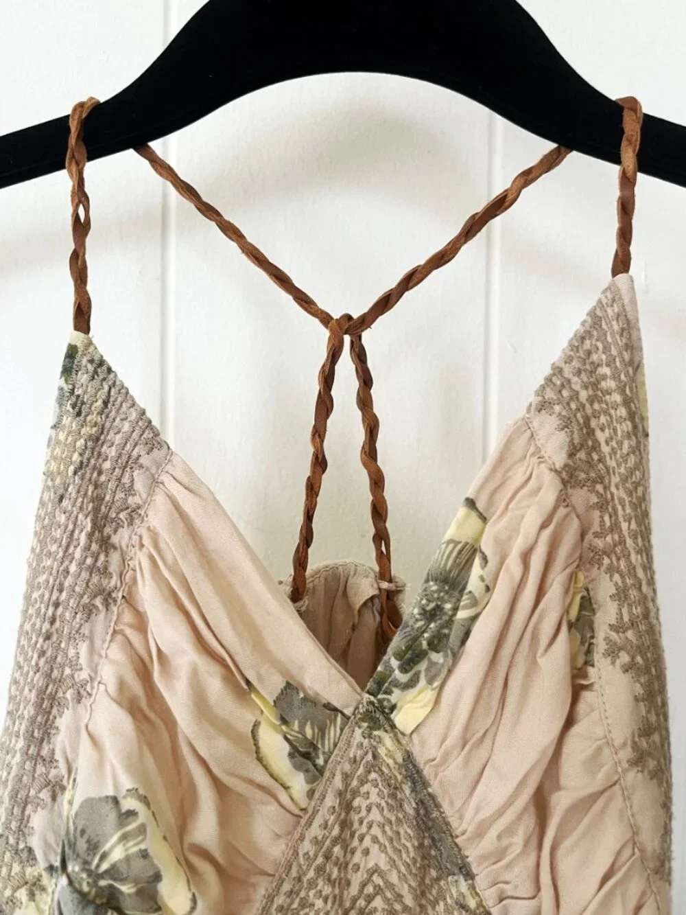 Free People Fauna Midi Dress- Cream Green Floral Hi-Low Halter